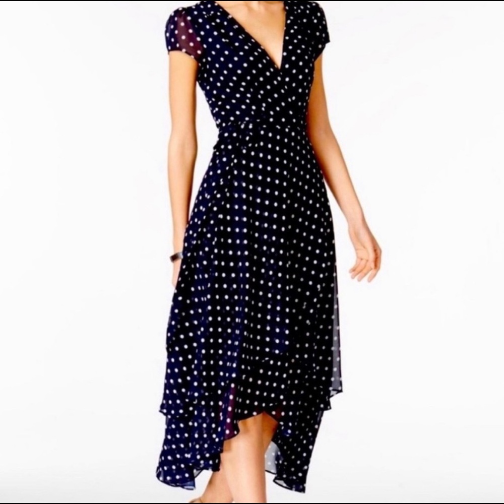 Betsey Johnson navy blue and white polka dot midi wrap dress